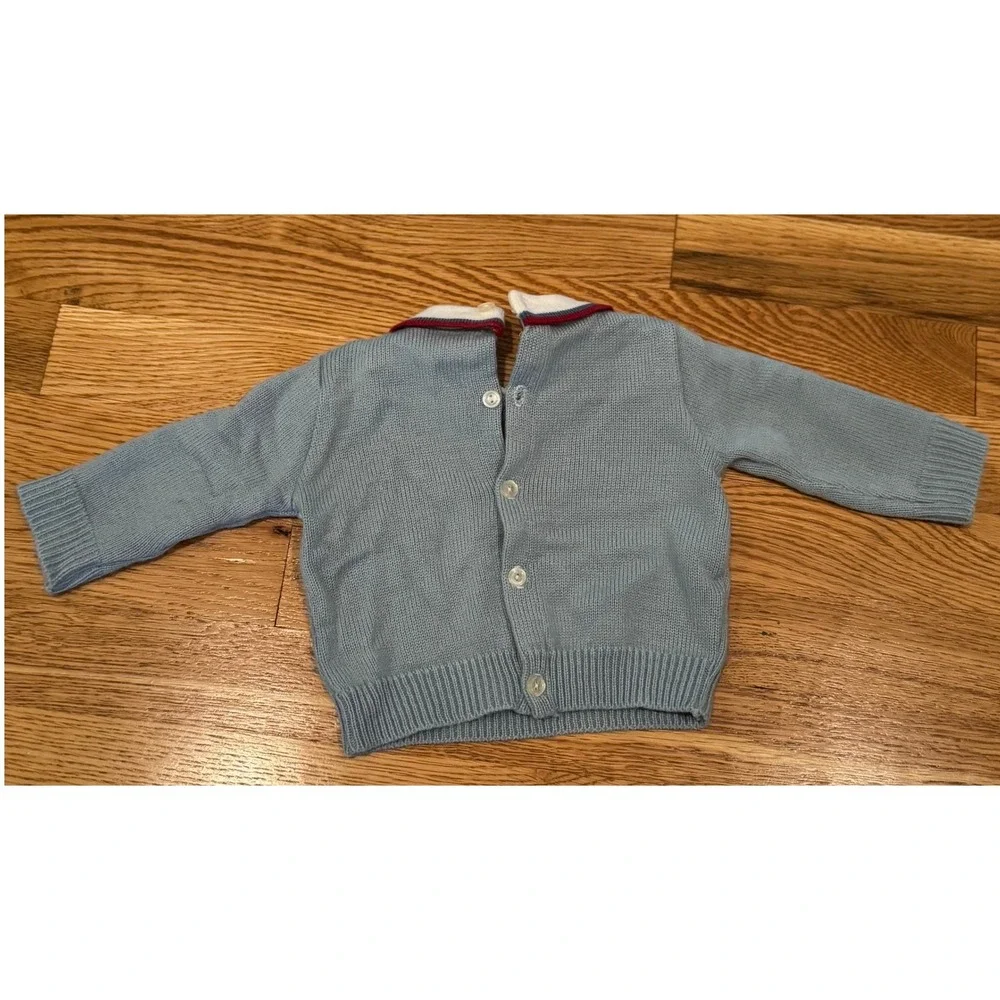 Vintage‎ Knit Sweater & Footed Pants Set Infant 3 Months Blue Bear Train 2pc